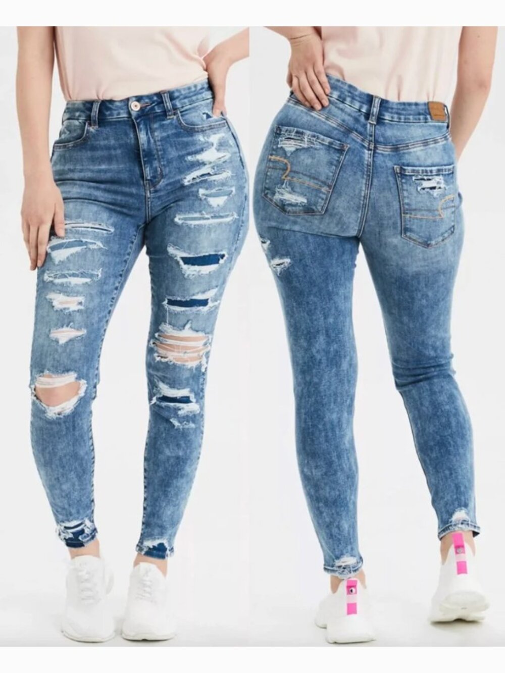 AMERICAN EAGLE AE Ne(x)t Level Curvy High-Waisted Jegging Ripped Patched 4 CURVY